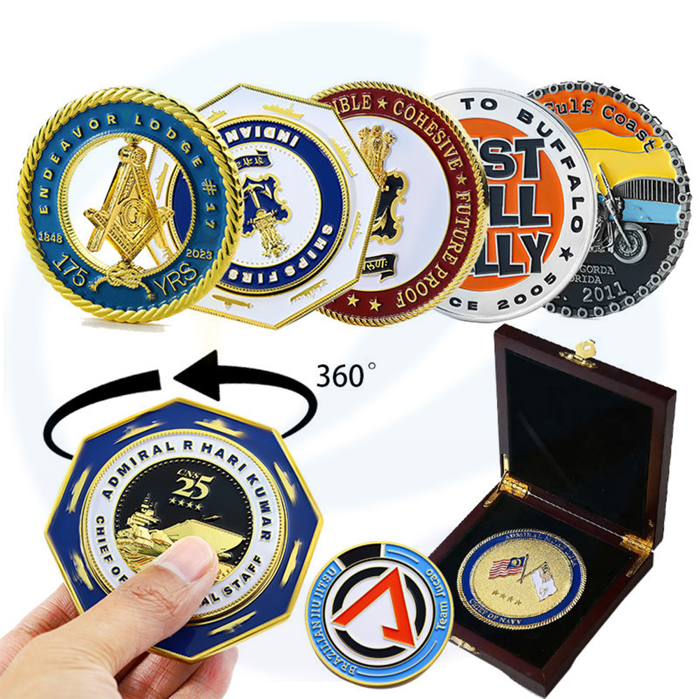 Fabrik gemachtes Anpassen von 360 Grad rotierender Münzmünzmedaillon Medaillon Emaille Malaysia Logo Souvenir Münze mit Holzkiste