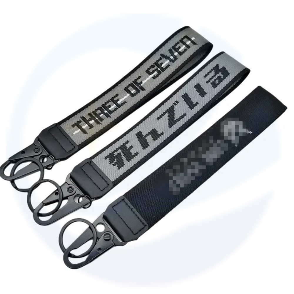 Großhandel benutzerdefinierte Schlüsselketten Carabiner Jacquard Logo Key Tag Keychain gewebte Schlüsselband Handgelenk Lanyard Schlüsselkette mit Carabiner